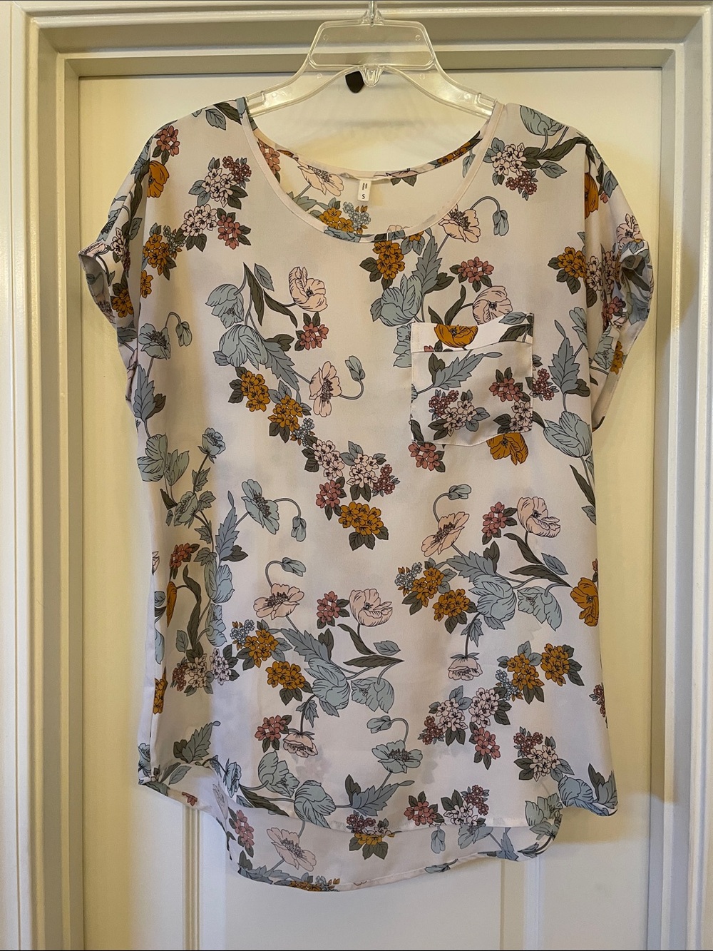 Maurices White Floral Pocket Blouse with Mustard & Sage Accents